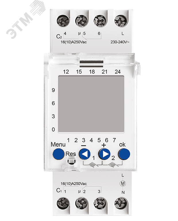 Изображение товара Таймер электронный, суточный, двухканальный, на DIN-рейку, интервал включения 1мин, 60 вкл/выкл в сутки, 2х3680Вт, IP20, белый (упак)