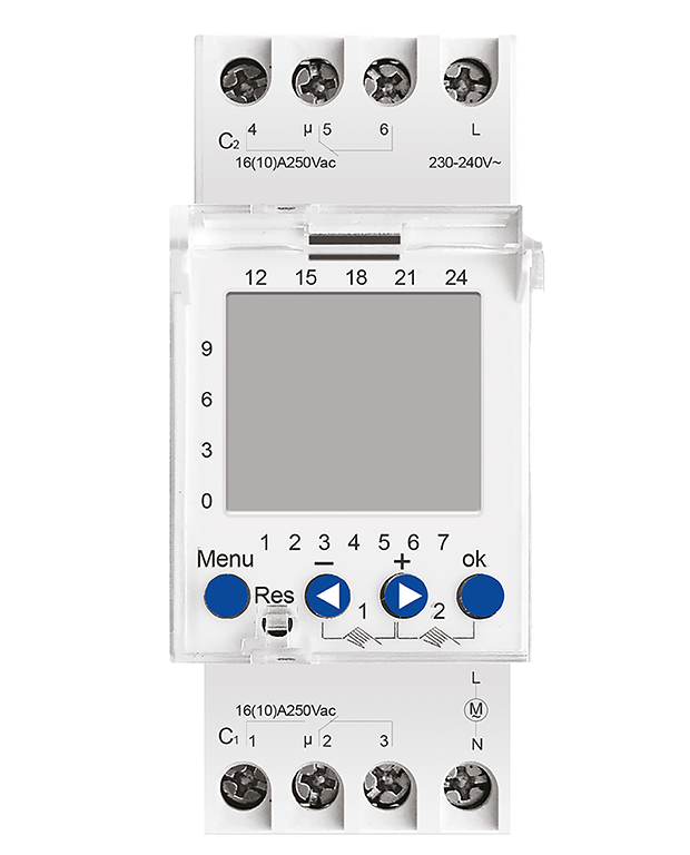 Таймер электронный, суточный, двухканальный, на DIN-рейку, интервал включения 1мин, 60 вкл/выкл в сутки, 2х3680Вт, IP20, белый