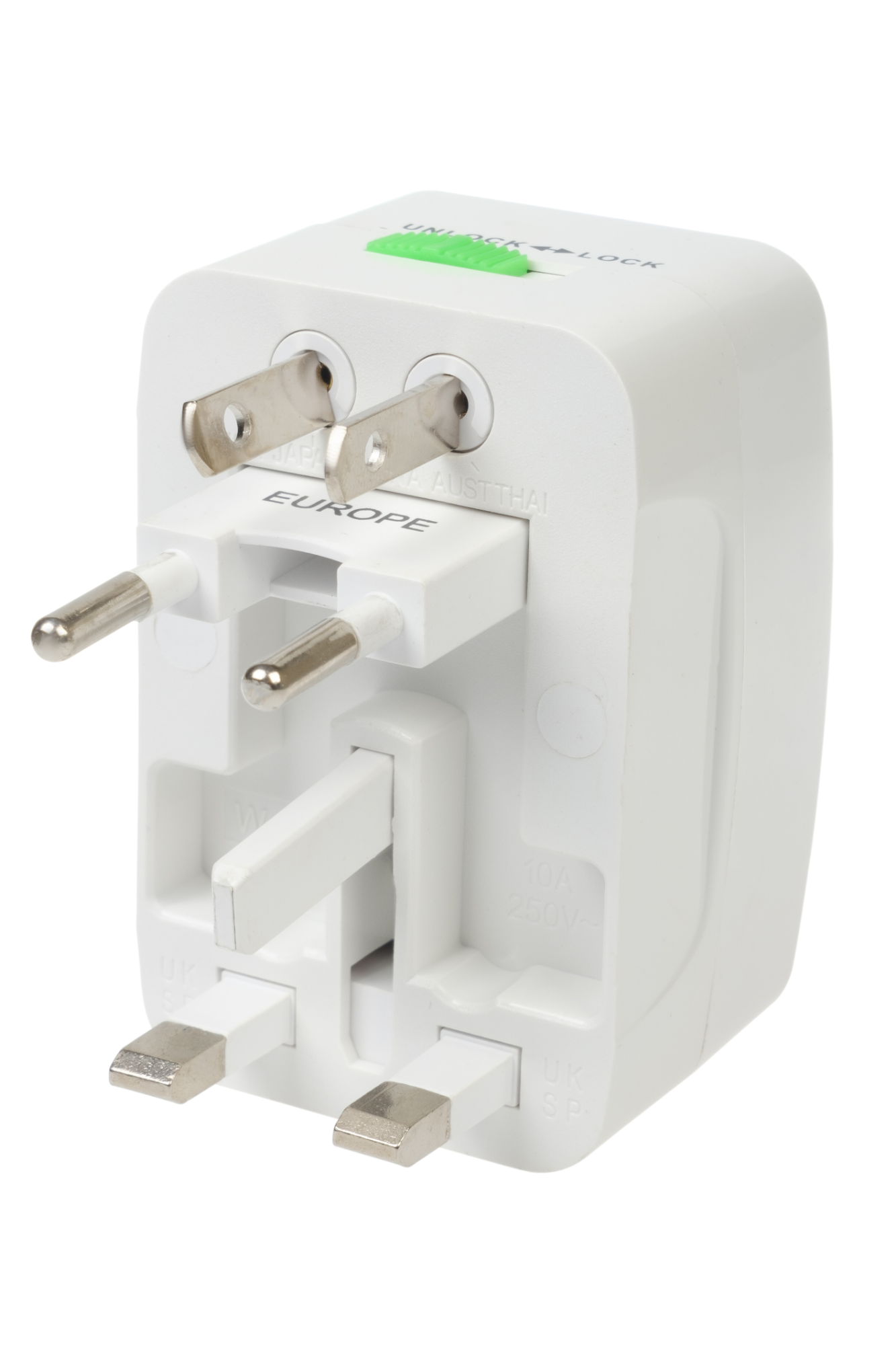 Адаптер для путешествий на 1 гнездо со встроенными переходными вилками без заземления, 10А, 230 В, 2200 Вт, IP20, белый