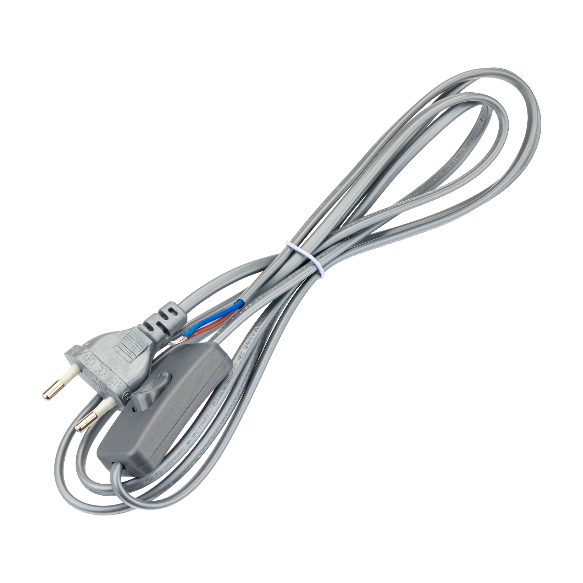 Провод с евроштекером, с выключателем, 2м, 2х0.5мм?, 2А, серебро