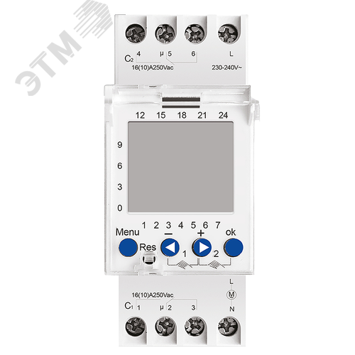 Таймер электронный, суточный, двухканальный, на DIN-рейку, интервал включения 1мин, 60 вкл/выкл в сутки, 2х3680Вт, IP20, белый - фото 1