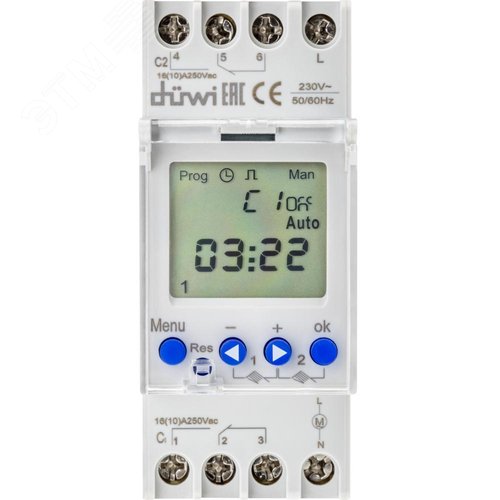 Таймер электронный, суточный, двухканальный, на DIN-рейку, интервал включения 1мин, 60 вкл/выкл в сутки, 2х3680Вт, IP20, белый - фото 6