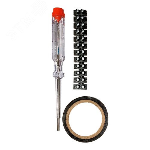 Изображение товара Электромонтажный набор: отвертка индикатор напряжения 140мм, до 250В, IP40, клемма винтовая 0.5-2.5мм 12 пар, изолента 5м, 26000 4, duwi (упак)