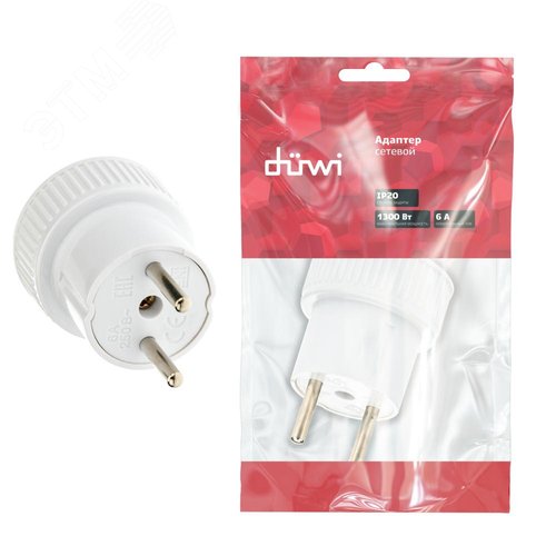 Адаптер на 1 гнездо, на евровилку, без заземления, 6 A, 230 В, 1300 Вт, IP20, белый - фото 3