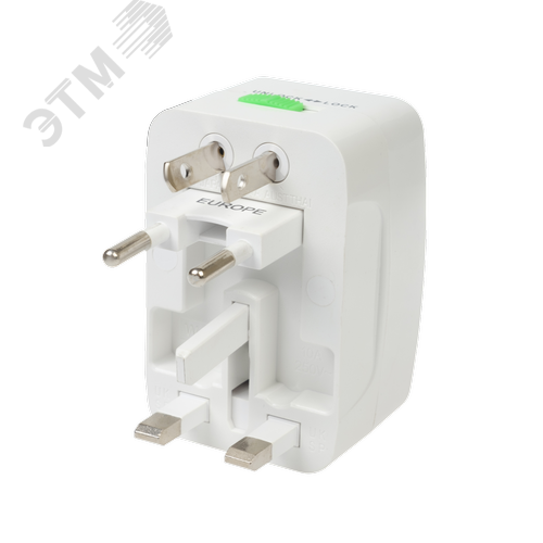 Адаптер для путешествий на 1 гнездо со встроенными переходными вилками без заземления, 10А, 230 В, 2200 Вт, IP20, белый - фото 1