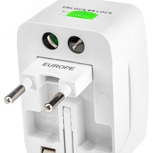 Адаптер для путешествий на 1 гнездо со встроенными переходными вилками без заземления, 10А, 230 В, 2200 Вт, IP20, белый - фото 7