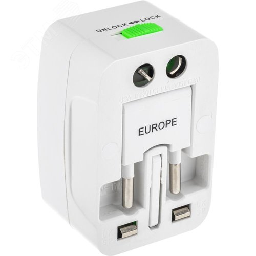 Адаптер для путешествий на 1 гнездо со встроенными переходными вилками без заземления, 10А, 230 В, 2200 Вт, IP20, белый - фото 3