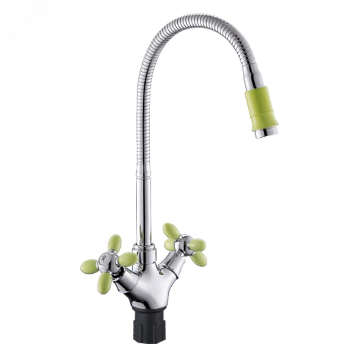 Изображение товара Смеситель для кухни с высоким изливом и ручками зеленого цвета АНТЕЙ Радуга
