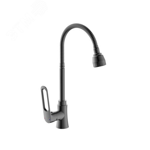 Изображение товара Смеситель для кухни шаровый с гибким изливом, крепеж гайка, цвет серый матовый (шт)