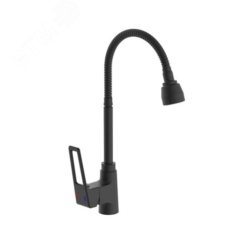 Изображение товара Смеситель для кухни шаровый с гибким изливом, крепеж гайка, цвет черный матовый (шт)