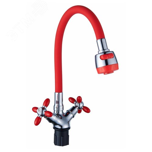Изображение товара Смеситель для кухни с 2-мя рукоятками, с силиконовым изливом, крепеж гайка, красный Радуга 5770715 АНТЕЙ (шт)