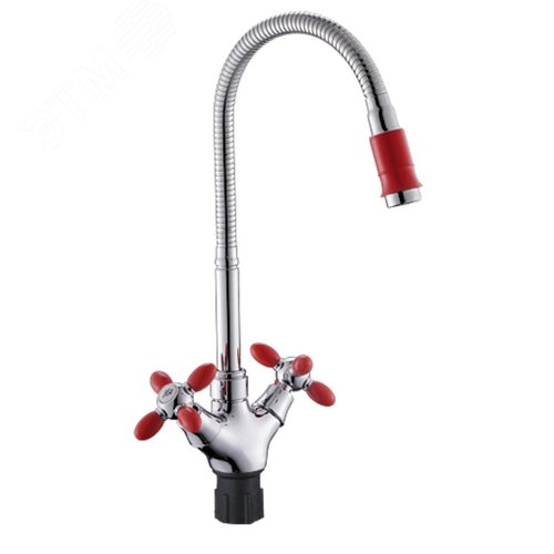 Изображение товара Смеситель для кухни с 2-мя рукоятками с высоким гибким изливом цветными наконечниками и ручками красный (шт)
