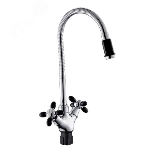 Изображение товара Смеситель для кухни с 2-мя рукоятками с высоким гибким изливом цветными наконечниками и ручками черный (шт)