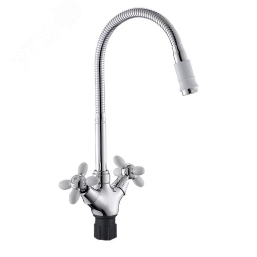 Изображение товара Смеситель для кухни с 2-мя рукоятками с высоким гибким изливом цветными накончником и ручками белый Радуга 5870717 АНТЕЙ (шт)