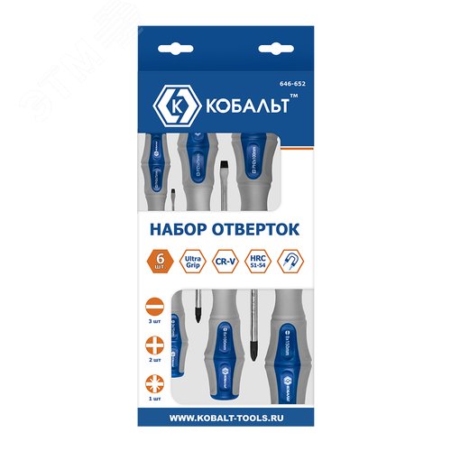 Изображение товара Набор отверток Ultra Grip, 6шт,: РН0, РН2, PZ1, SL3, SL6, SL8, CR-V, коробка (шт)