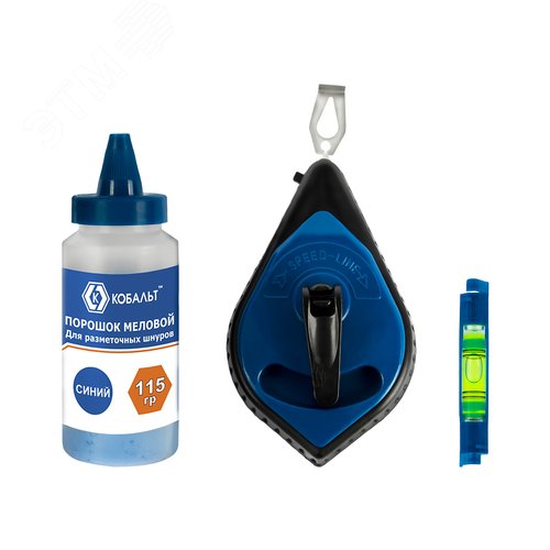 Изображение товара Набор шнур + краска , длина шнура 30 м., в пластиковом корпусе + синий меловой порошок, 115 гр. + уровень (шт)