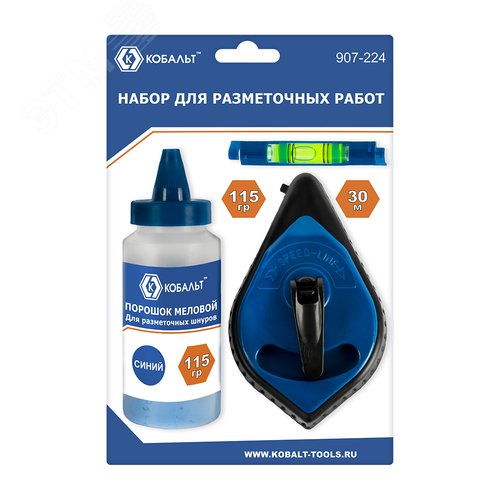 Изображение товара Набор шнур + краска , длина шнура 30 м., в пластиковом корпусе + синий меловой порошок, 115 гр. + уровень (шт)