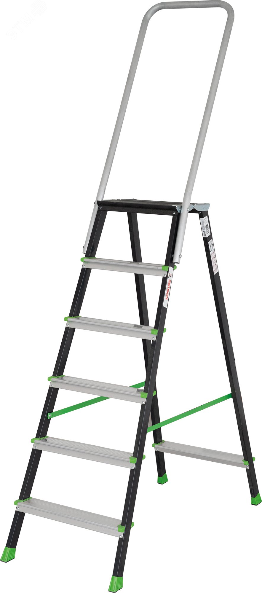 Изображение товара Стремянка стальная/алюминиевая NV 2136, 1х6 ступеней 80 мм, площадка 350х260 мм, дуга безопасности 800 мм (шт)