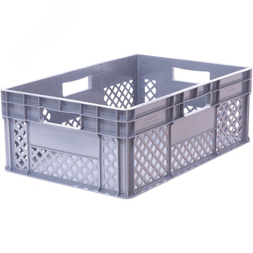 Изображение товара Ящик полимерный 600х400х220 мм, стенки перфорированные, дно гладкое, 4 открытые ручки, серый (шт)