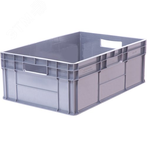 Изображение товара Ящик полимерный 600х400х220 мм, стенки сплошные, дно гладкое, 2 открытые ручки, серый (шт)
