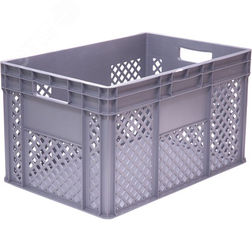 Изображение товара Ящик полимерный 600х400х340 мм, стенки перфорированные, дно гладкое, 2 открытые ручки, серый (шт)