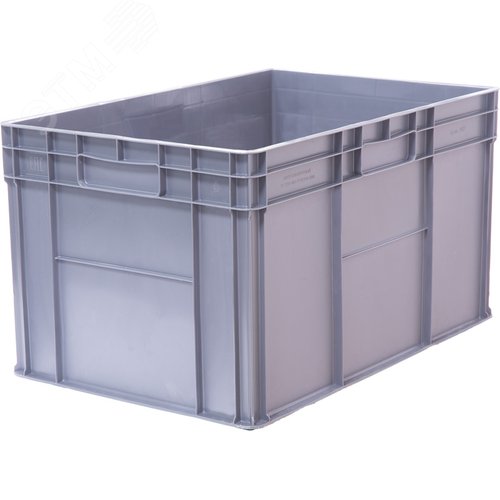 Изображение товара Ящик полимерный 600х400х340 мм, стенки сплошные, дно гладкое, 4 закрытые ручки, серый (шт)