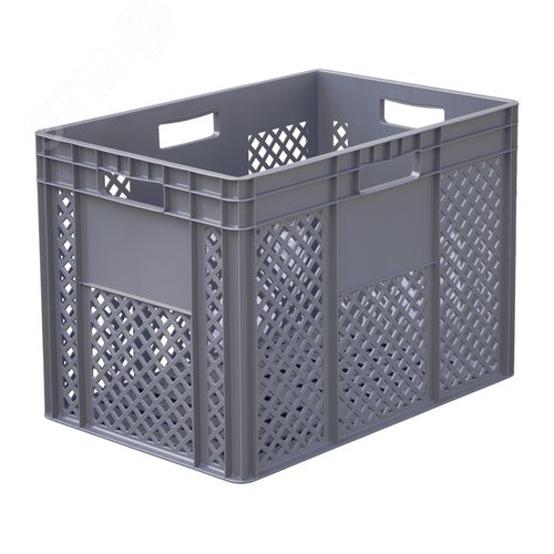 Изображение товара Ящик полимерный 600х400х420 мм, морозостойкий, стенки перфорированные, дно перфорированное, 4 открытые ручки, серый (шт)
