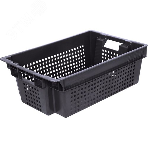 Изображение товара Ящик полимерный 600х400х200 мм, дно сплошное, перфорированные стенки, черный (шт)