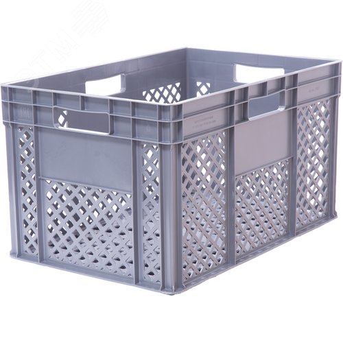 Изображение товара Ящик полимерный 600х400х340 мм, стенки перфорированные, дно перфорированное, 4 открытые ручки, серый (шт)