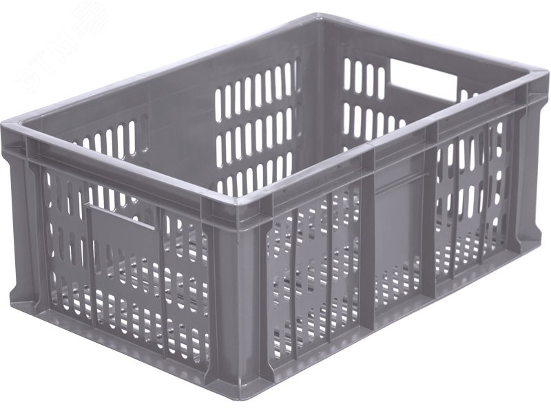 Изображение товара Полимерный ящик 600x400x250 мм с перфорацией серый для хранения и транспортировки