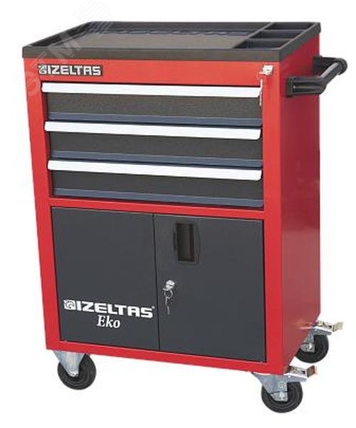 Изображение товара Тележка инструментальная серии ECO с набором инструментов 93 предмета, 3 выдвижных ящика, отделение с распашными дверцами, цвет - красно-черный (шт)