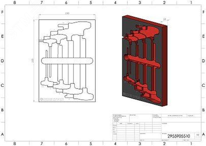 Изображение товара Ложемент пустой EVA, красно-черный, для набора шестигранных ключей с т-рукояткой, 8 предметов, габариты 230x335 (шт)