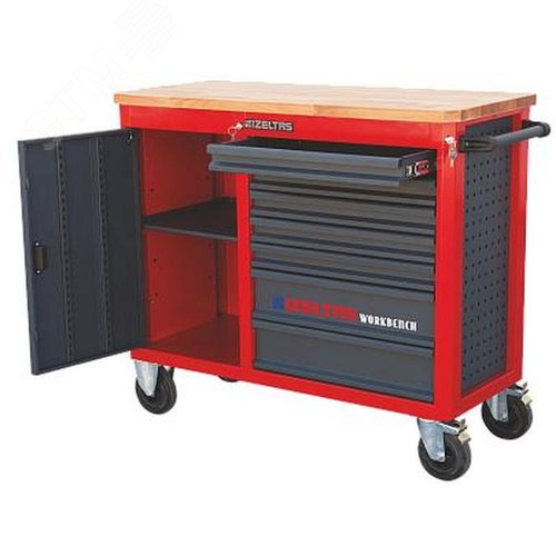 Изображение товара Тележка инструментальная (верстак) серии WORKBENCH без инструментов, деревянная столешница, 7 выдвижных ящиков, отделение с распашной дверцей, цвет красно-черный (шт)