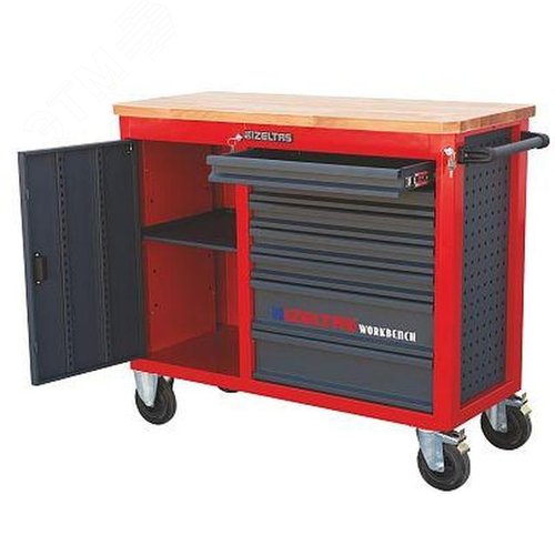 Изображение товара Тележка инструментальная (верстак) серии WORKBENCH с набором инструментов 139 предметов, деревянная столешница, 7 выдвижных ящиков, отделение с распашной дверцей, цвет красно-черный (шт)