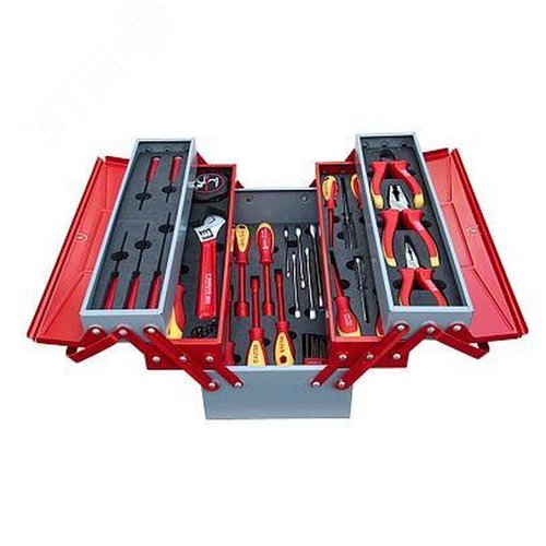 Изображение товара Ящик раскладной с инструментами для электриков, металлический, 45 предметов , 190х420х200, 5 секций (шт)