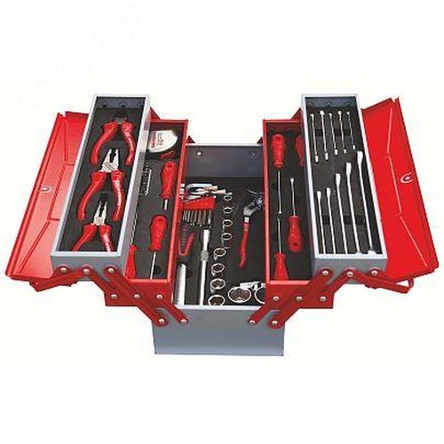 Изображение товара Ящик раскладной с инструментом для механиков, металлический, 62 предмета, 190х420х200, 5 секций (шт)