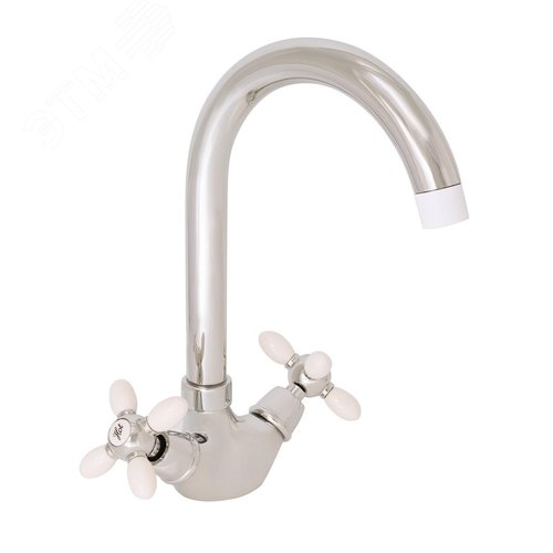 Изображение товара Смеситель для кухни с 2-мя рукоятками с высоким изливом цветные ручки Белый (шт)