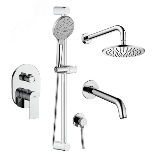 Изображение товара Система встраиваемая для душа (декоративная планка, маховик, излив, тропическая и ручная лейка, держатель для лейки и система смешивания) (шт)