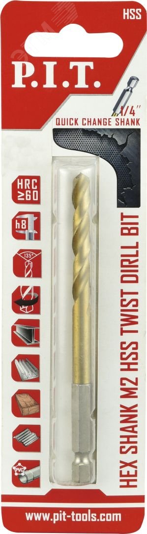 Изображение товара "Сверло по металлу с шестигранным хвостовиком P.I.T. 2,0x69мм, 135°, HEX 1/4""(6,35мм) (AMED12-0002)" (шт)