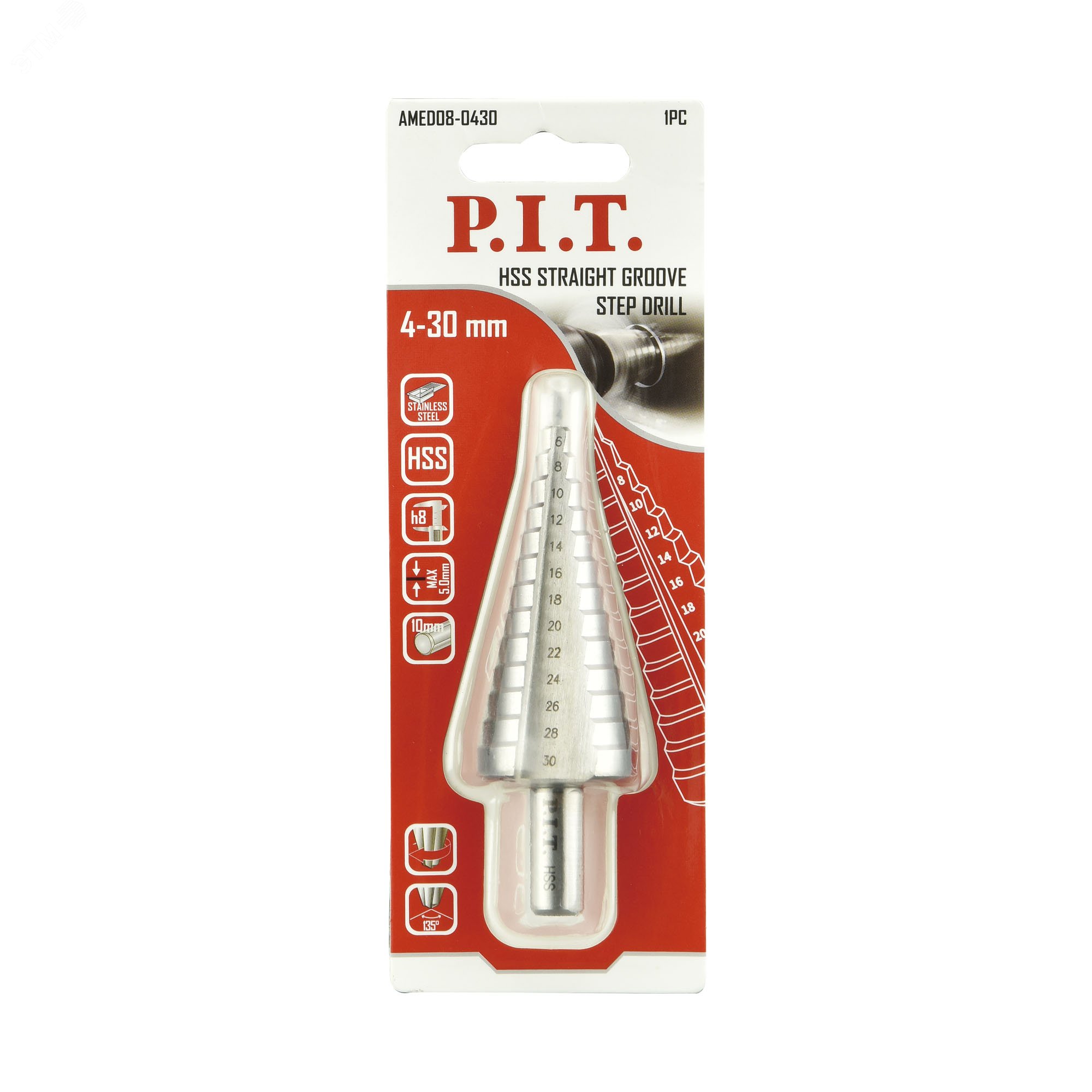 Изображение товара Сверло по металлу ступенчатое P.I.T. 4-30мм, 14 ступеней с шагом 2мм, HSS (AMED08-0430) (шт)