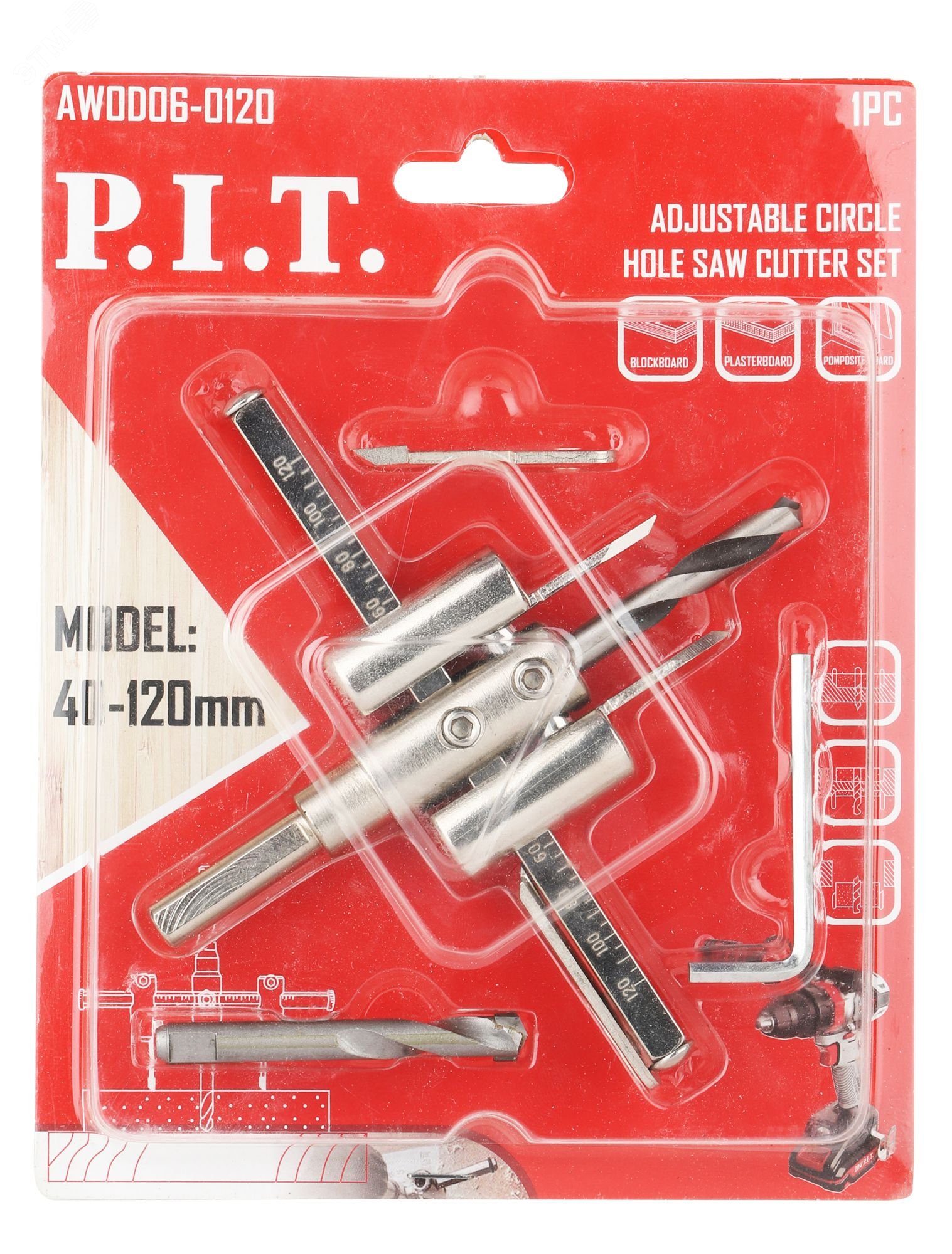 Изображение товара "Сверло по дереву регулируемое ""Балеринка"" P.I.T. 40-120 мм, 2 центр. сверла, ключ (AWOD06-0120)" (шт)