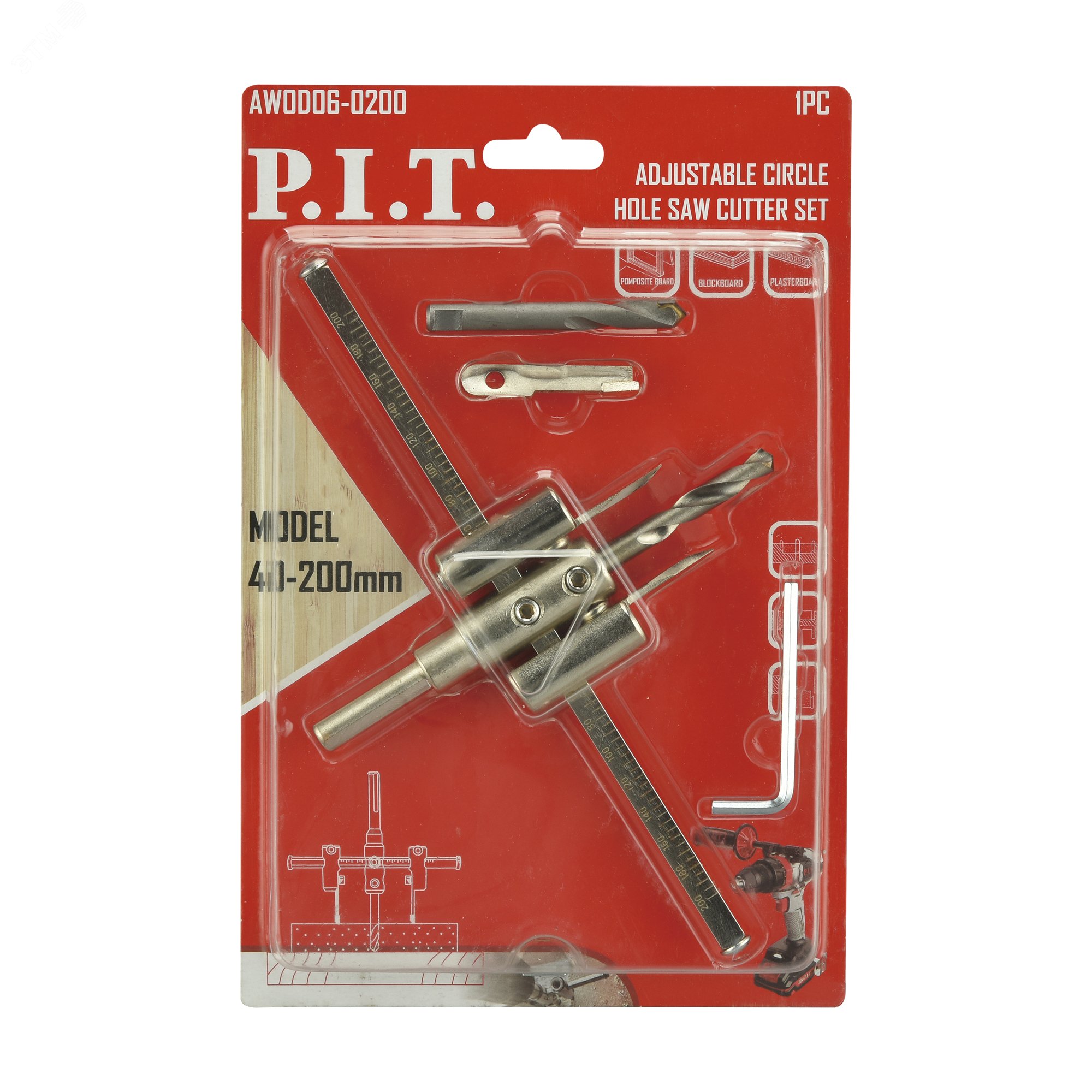 Изображение товара "Сверло по дереву регулируемое ""Балеринка"" P.I.T. 40-200 мм, 2 центр. сверла, ключ (AWOD06-0200)" (шт)