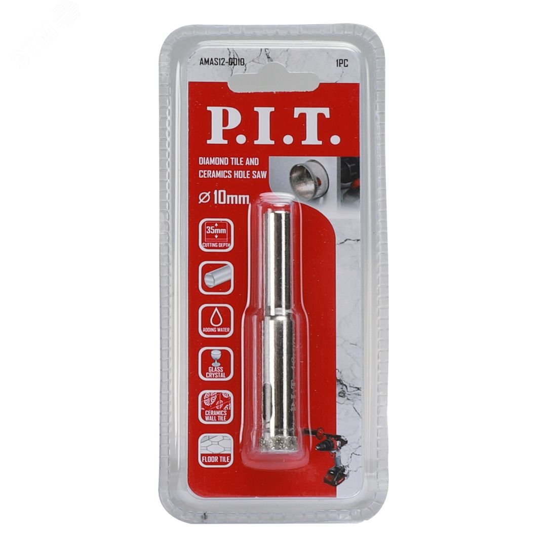 Изображение товара Коронка алмазная по стеклу и керамике P.I.T. 10x35мм, кругл. хв., сухое/мокрое (AMAS12-0010) (шт)