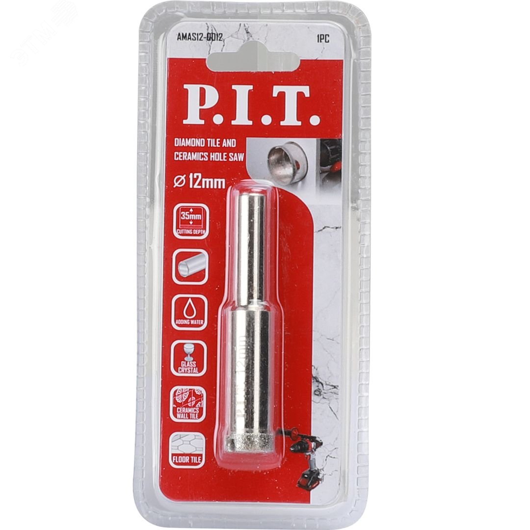 Изображение товара Коронка алмазная P.I.T. 12x35мм для керамики и стекла, сухое и мокрое сверление