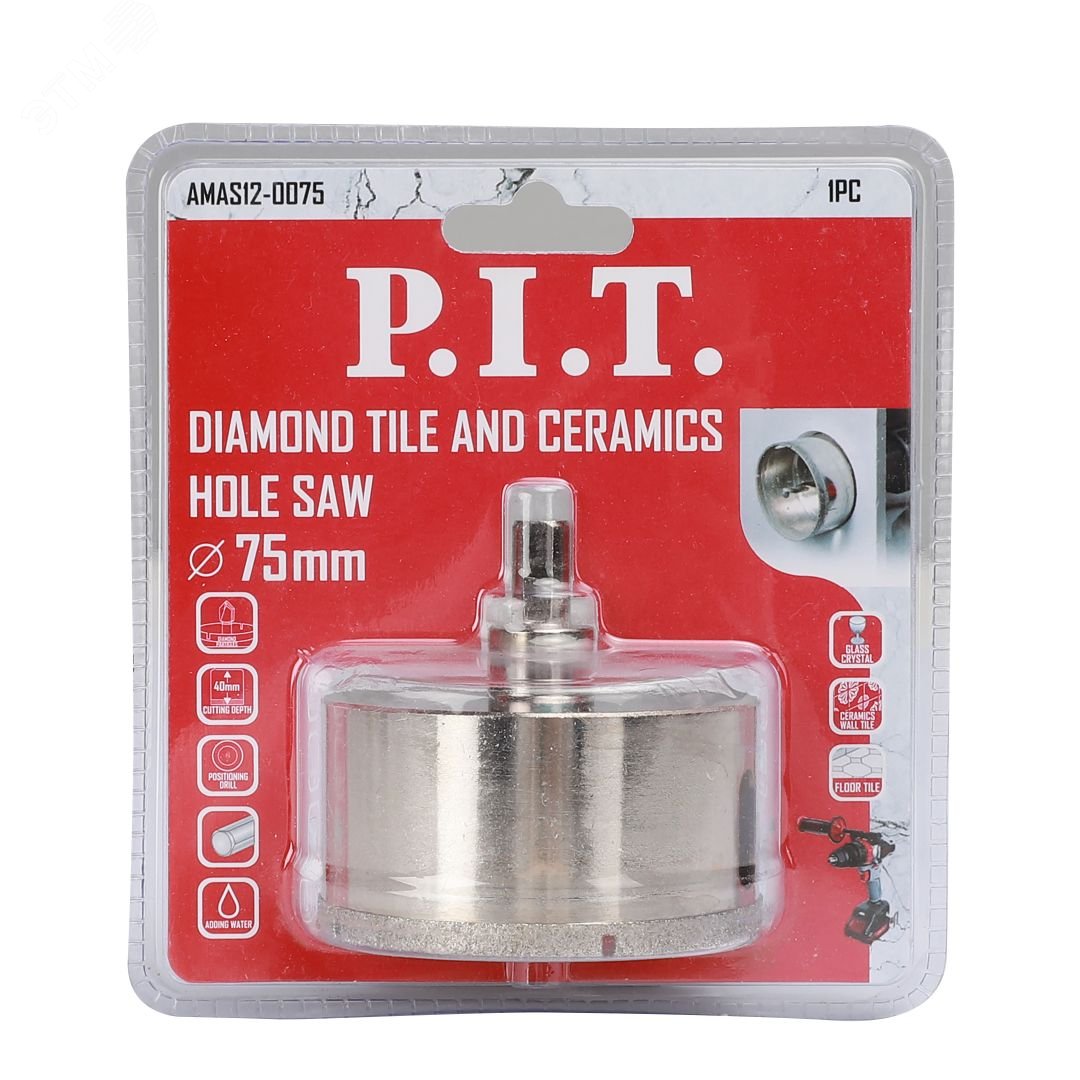 Изображение товара Коронка алмазная по стеклу и керамике 75мм P.I.T. AMAS12-0075, сухое и мокрое сверление