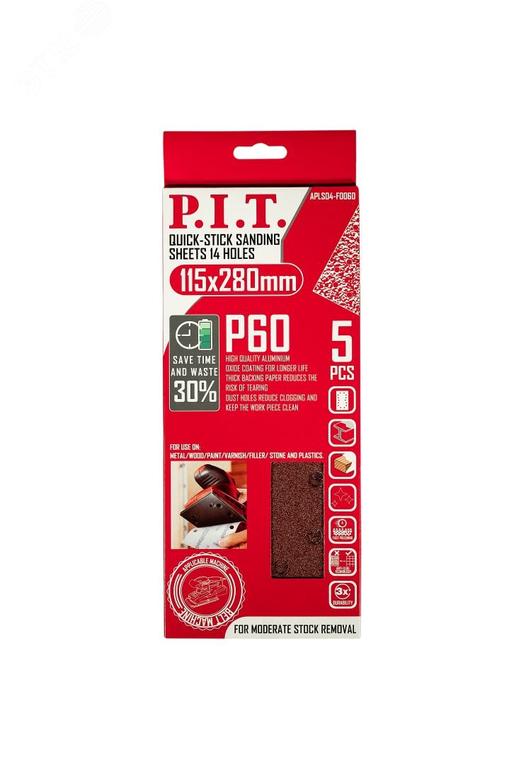 Изображение товара Лист шлифовальный P.I.T. 115x280 мм P60 14 отверстий зажим 5 шт