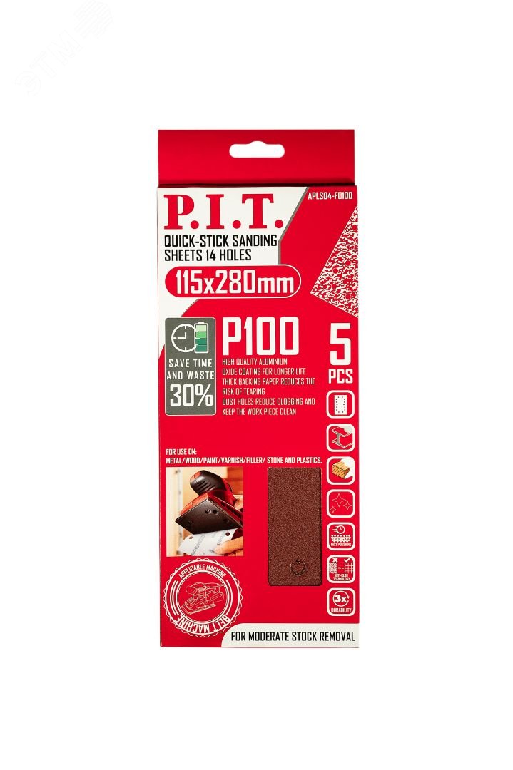Изображение товара Лист шлифовальный P.I.T. 115x280 мм P100, 14 отверстий, 5 шт
