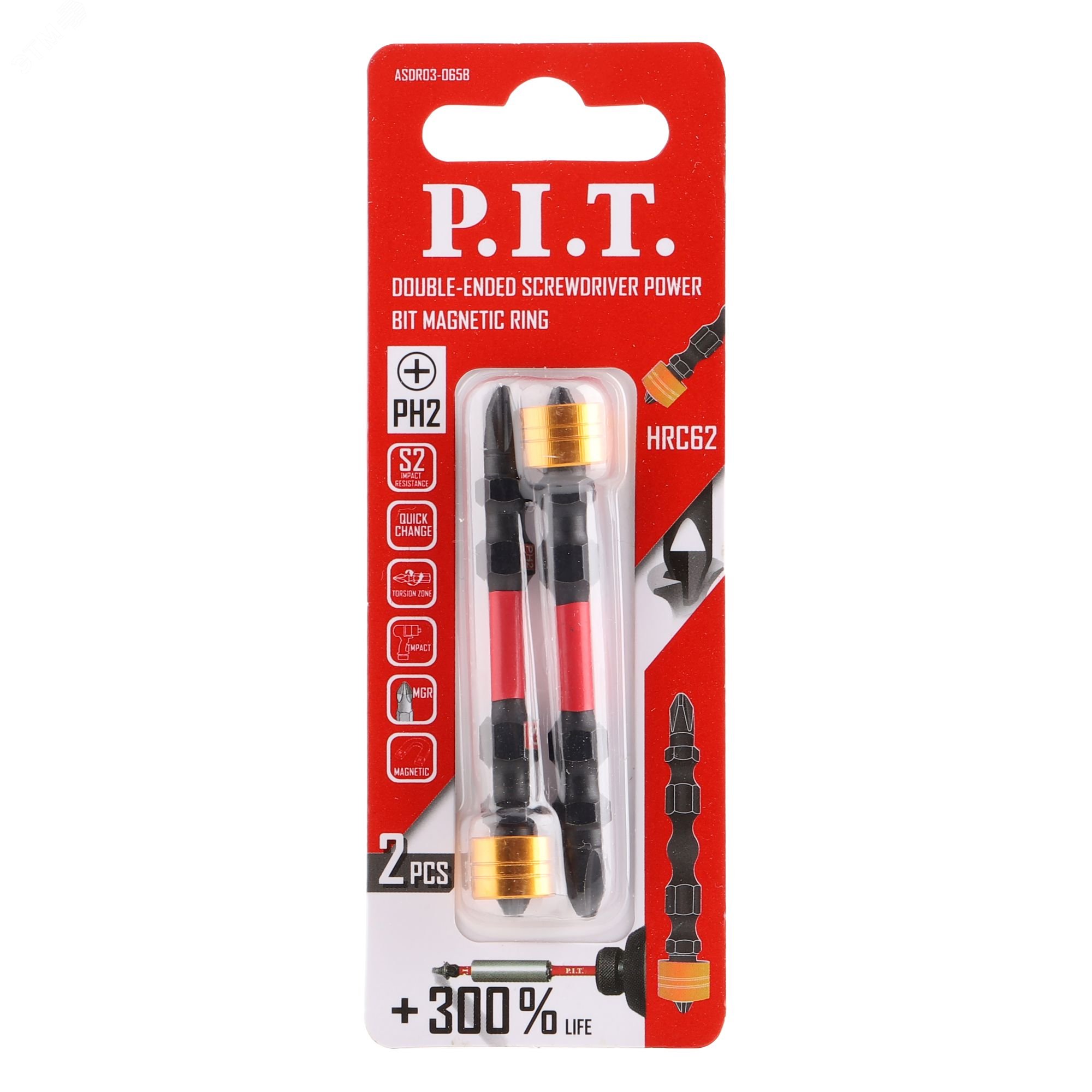 Изображение товара Бита ударная двусторонняя магнитная P.I.T. PH2-PH2x65 мм, IMPACT, торсионная зона, 2шт (ASDR03-065B) (шт)