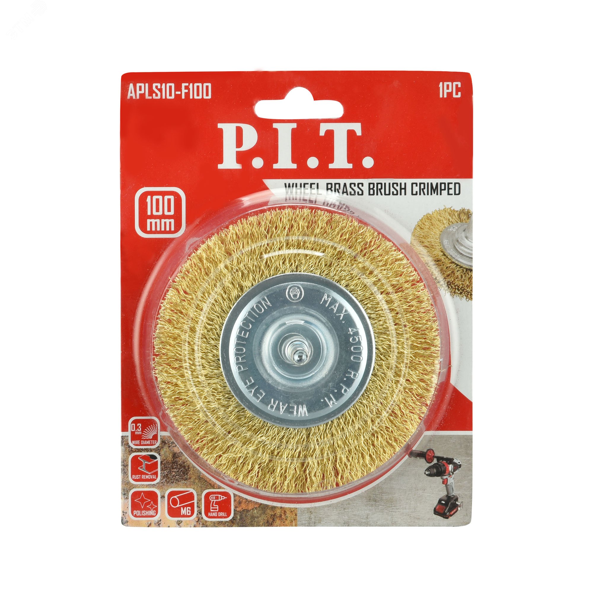 Изображение товара Дисковая кордщетка P.I.T. 100x0,3мм латунная витая проволока хвостовик 6мм