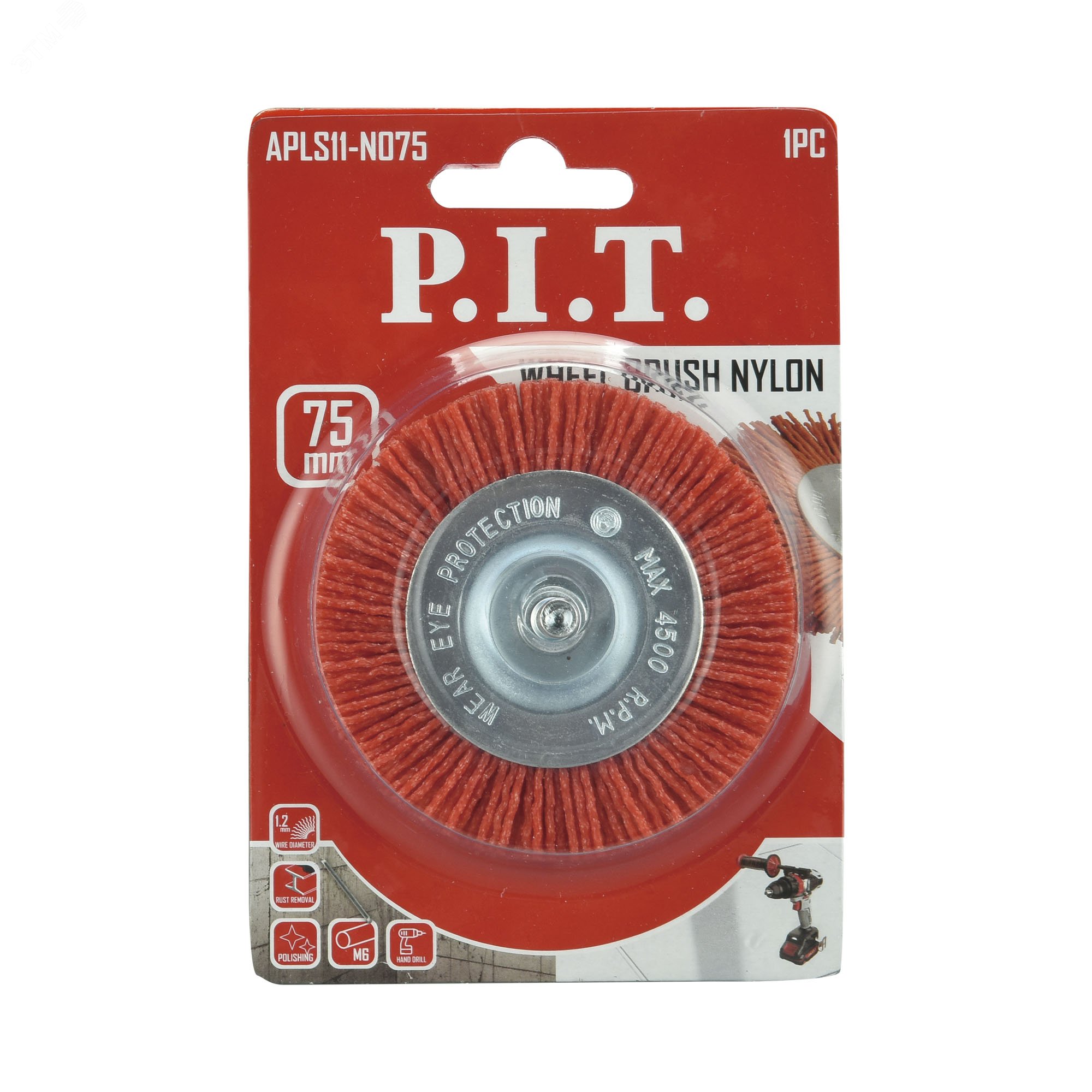 Изображение товара Кордщетка дисковая P.I.T. 75x1,2мм нейлоновая проволока хвостовик 6мм